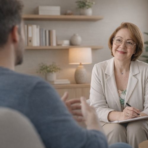 A terapeuta Ana Aguiar, de pele clara, tem cabelos curtos castanho-claros, bem arrumados. Usa óculos de armação fina e batom rosado, e sorri de forma acolhedora. Veste um blazer bege, com uma blusa interna leve e delicada, com estampa suave em tons claros, além de uma calça combinando com o blazer. No pescoço, usa uma corrente com pingente. Em sua mão direita, segura um bloco de anotações à sua frente. À sua frente, há um homem de pele clara, vestindo uma blusa azul, com cabelos curtos castanho-claros, sentado de costas para a câmera.