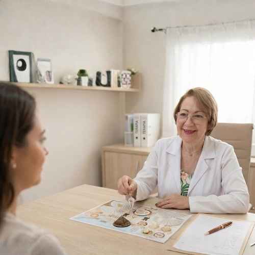 A terapeuta Ana Aguiar, de pele clara, tem cabelos curtos castanho-claros, bem arrumados. Usa óculos de armação fina e batom rosado, e sorri de forma acolhedora. Veste um jaleco branco, com uma blusa estampada por baixo, e uma corrente no pescoço com pingente. Em sua mão direita, segura um pêndulo, direcionado sobre um mapa de radiestesia. Ao lado, há um caderno aberto com uma caneta sobre ele. À sua frente, há uma mulher de pele clara, com cabelos longos e escuros, usando um brinco pequeno e uma blusa bege, sentada de costas para a câmera.