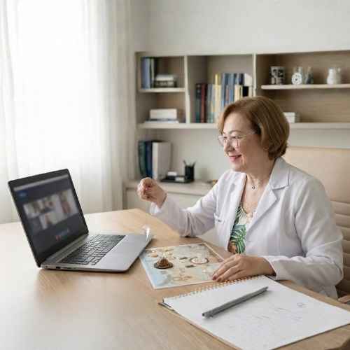 A terapeuta Ana Aguiar, de pele clara, tem cabelos curtos castanho-claros, bem arrumados. Usa óculos de armação fina e batom rosado, e sorri de forma acolhedora. Veste um jaleco branco, com uma blusa estampada por baixo, e uma corrente no pescoço com pingente. Em sua mão direita, segura um pêndulo, direcionado sobre um mapa de radiestesia. Ao lado, há um caderno aberto com uma caneta sobre ele. À sua frente, há um notebook aberto, exibindo imagens não definidas.