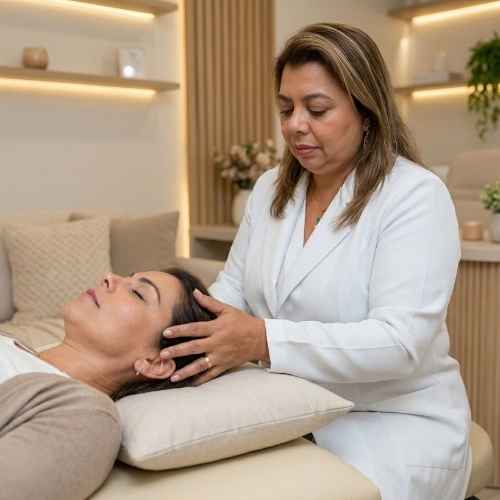 A terapeuta Ana Cecília Beltran, de pele clara, tem cabelos castanho-claros com luzes, abaixo dos ombros. Usa aliança na mão esquerda. Ela mantém as mãos sobre a cabeça de uma mulher de cabelos castanhos escuros, que usa brinco, está com os olhos fechados, batom rosado e veste uma blusa bege escura com uma blusa interna branca.