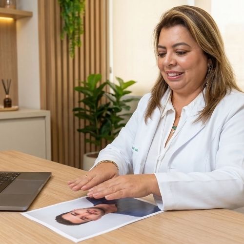 A terapeuta Ana Cecília Beltran, de pele clara, tem cabelos castanho-claros com luzes, abaixo dos ombros, e olhos castanho-claros. Usa duas correntes douradas no pescoço, brincos grandes pendurados e batom rosa. Ela sorri e veste uma blusa branca. Mantém as mãos erguidas sobre a foto de um homem que está sobre a mesa. O homem, na imagem, é de pele clara, tem cabelos curtos castanho-escuros, olhos castanho-escuros, barba e bigode aparados, e veste uma blusa preta. Ao lado, há um notebook aberto, com apenas parte do teclado visível.