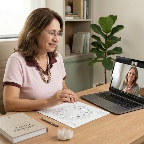 A terapeuta Andreia de Fátima, de pele clara e cabelos castanhos claros com luzes na altura dos ombros, veste blusa vinho, usa óculos, batom rosa e colar com pedras coloridas, e sorri. Ela está sentada à mesa, com a mão direita sobre um mapa astral e a esquerda apoiada em sua borda. À sua frente, um notebook exibe uma mulher de pele clara, cabelos claros até os ombros, sorrindo e gesticulando. Sobre a mesa, há um livro de astrologia, uma caneta e um objeto de pedra.