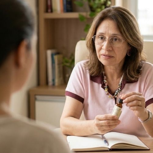 A terapeuta Andreia de Fátima, de pele clara e cabelos castanhos claros com luzes na altura dos ombros, veste uma blusa vinho, usa óculos, batom rosa e um colar com pedras coloridas. Ela segura um frasco nas mãos. À sua frente, há uma mulher de pele clara, com cabelos castanhos escuros, vestindo uma blusa bege, de costas para a câmera. Sobre a mesa, há uma agenda aberta, com uma caneta apoiada sobre ela.
