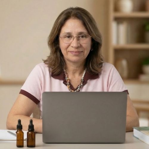 A terapeuta Andreia de Fátima, de pele clara e cabelos castanhos claros com luzes na altura dos ombros, veste uma blusa vinho, usa óculos, batom rosa e um colar com pedras coloridas, e sorri. Sobre a mesa, há um notebook aberto de costas para a câmera, além de uma agenda, um livro e alguns frascos.