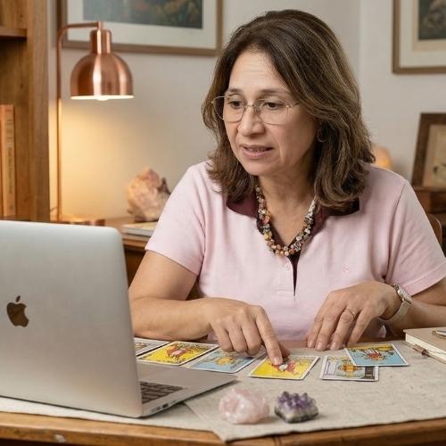 A terapeuta Andreia de Fátima, de pele clara e cabelos castanhos claros com luzes na altura dos ombros, veste uma blusa vinho. Usa óculos, batom rosa e um colar com pedras coloridas. Está com o dedo indicador da mão direita apontando para uma carta de tarô, enquanto a mão esquerda está apenas apoiada sobre a mesa. À sua frente, há um notebook aberto, posicionado de costas para a câmera. Sobre a mesa, há várias cartas de tarô e duas pedras.