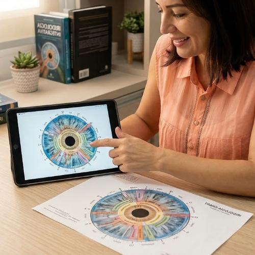 A terapeuta Denise de Medeiros, de pele clara e cabelos castanho-escuros na altura dos ombros, veste blusa pêssego, usa batom rosa e sorri. Com a mão esquerda, ela aponta com o dedo para uma imagem exibida em seu tablet. Sobre a mesa, há um mapa de íris correspondente ao que está sendo apresentado na tela do dispositivo.