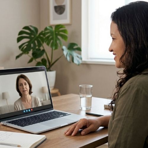 A terapeuta Geisa Nunes, de pele clara, com cabelos longos, cacheados e pretos, veste uma blusa verde. Usa batom rosa suave e sorri. Está com a mão sobre a mesa, posicionada de lado para a câmera. Na tela do notebook, há uma mulher de pele clara, com cabelos curtos castanhos claros, olhos castanhos claros e vestindo uma blusa bege. Sobre a mesa, há um copo com água, uma agenda aberta e uma caneta sobre ela.