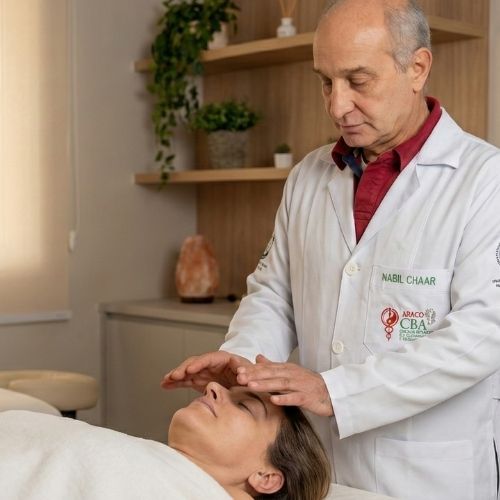 O terapeuta Nabil Chaar, de pele clara, calvo e com cabelos grisalhos curtos nas laterais, veste um jaleco branco, com uma blusa vinho por baixo. Mantém as mãos estendidas, sem tocar, sobre o rosto de uma mulher de pele clara, que está deitada com os olhos fechados e cabelos castanho-claros, coberta até o pescoço por um lençol branco.