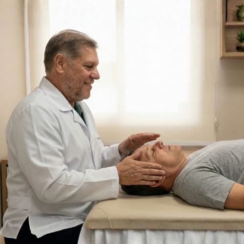 O terapeuta Nestor Pazos, homem de pele clara, sorri. Tem barba curta e cabelos curtos, grisalhos. Veste um jaleco branco e, por baixo, uma camiseta verde. Ele mantém as mãos sobre a cabeça de um homem deitado: a mão direita encostada próxima ao ouvido direito e a esquerda estendida, sem tocar o rosto, do lado esquerdo. O homem, de pele clara, tem cabelos curtos castanho-escuros e está com os olhos fechados. Veste uma camiseta cinza e encontra-se deitado em uma maca bege.