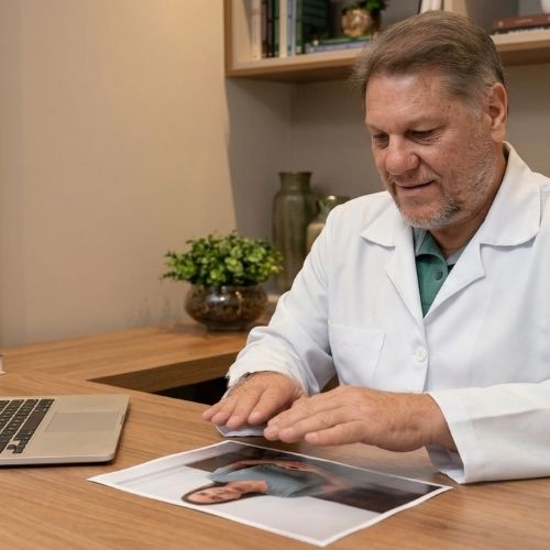 O terapeuta Nestor Pazos, homem de pele clara, sorri. Possui barba curta e cabelos curtos e grisalhos. Veste um jaleco branco, com uma camiseta verde por baixo. Está com as mãos suspensas sobre a foto de uma mulher de pele clara, com cabelos longos e usando uma blusa cinza. Ao lado direito, há um notebook, com apenas o teclado visível.