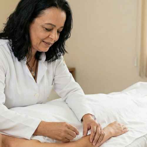 Terapeuta Alexandra Januário, pele clara, cabelos pretos na altura dos ombros, sorriso no rosto. Jaleco branco sobre blusa marrom, batom marrom e colar discreto. Mão direita com agulha no antebraço de uma mulher deitada, pele clara, coberta por lençol claro até a altura das axilas. Mão esquerda da terapeuta em apoio suave no braço da pessoa durante o procedimento.