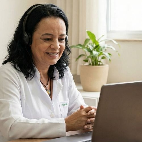 Terapeuta Alexandra Januário, pele clara, cabelos pretos na altura dos ombros, sorriso no rosto. Jaleco branco sobre blusa marrom, batom marrom e colar discreto. Fone de ouvido na cabeça, mãos entrelaçadas sobre a mesa. À sua frente, notebook aberto.