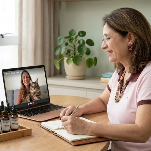 A terapeuta Andreia de Fátima, de pele clara e cabelos castanhos claros com luzes na altura dos ombros, veste uma blusa vinho. Usa óculos, batom rosa, um colar com pedras coloridas e brincos e sorri. Está segurando uma caneta em sua mão esquerda, enquanto a mão direita está apoiada sobre a mesa, onde há vários frascos. À sua frente, há um notebook aberto, cuja tela exibe uma mulher de pele clara, com cabelos longos castanhos claros, vestindo uma blusa ferrugem, segurando um gato e também sorri.