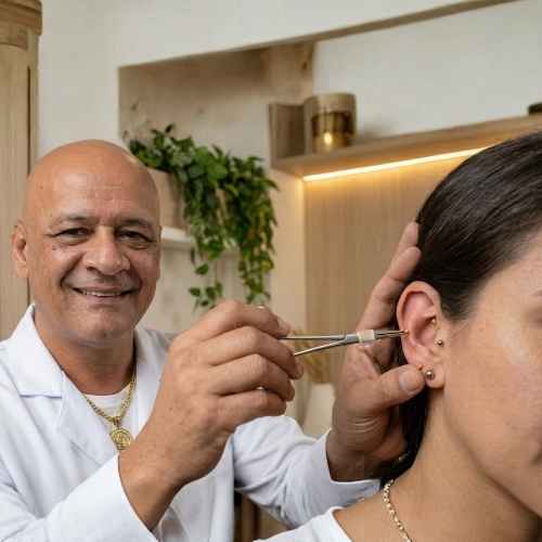 O terapeuta Carlos Maiolino, de pele morena clara, careca e com olhos castanhos-escuros, sorri enquanto realiza um atendimento. Com a mão esquerda, ele apoia suavemente a cabeça de uma mulher de pele clara, com cabelos longos castanho-escuros, que usa blusa branca, brincos pequenos de bolinha e uma corrente de bolinhas no pescoço. Com a mão direita, o terapeuta segura uma pinça com sementes de auriculoterapia, posicionando-as na orelha direita da paciente.
