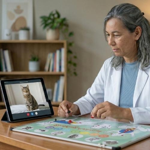 A terapeuta Lu Almeida possui pele clara, olhos castanhos-escuros e longos cabelos grisalhos com luzes. Ela veste jaleco branco, blusa cinza, brincos de argola e batom rosa. Em sua mão direita, segura um ímã preto. Em sua mão esquerda, segura um ímã vermelho. Sobre a mesa há um mapa de biomagnetismo para pets, com um ímã vermelho posicionado sobre o mapa. Ao lado direito da mesa, há um tablet, e na tela aparece a imagem de um gato.