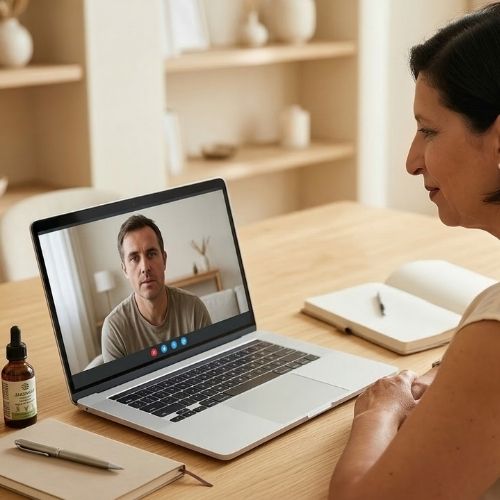 A terapeuta Luzia Gomes, de pele clara, tem cabelos curtos castanho-escuros e olhos castanho-escuros. Usa batom marrom e veste uma blusa creme. Está sentada, com as mãos sobre a mesa à sua frente. Há um notebook aberto; na tela, aparece um homem de pele clara, com cabelos castanhos claros e olhos castanhos claros, vestindo uma blusa bege escura. Sobre a mesa, há um frasco de floral e duas agendas.