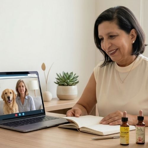 A terapeuta Luzia Gomes, de pele clara, tem cabelos curtos castanho-escuros e olhos castanho-escuros. Usa batom marrom, veste uma blusa creme e brincos de pérola. Sorri suavemente. Sua mão direita segura folhas de uma agenda aberta, enquanto a mão esquerda está apoiada sobre a agenda. À sua frente, há um notebook aberto e, na tela, aparece uma mulher de pele clara, vestindo uma blusa azul-clara, com cabelos castanho-claros até o pescoço. Ao seu lado, há um cachorro de porte grande. Sobre a mesa, há frascos de florais.