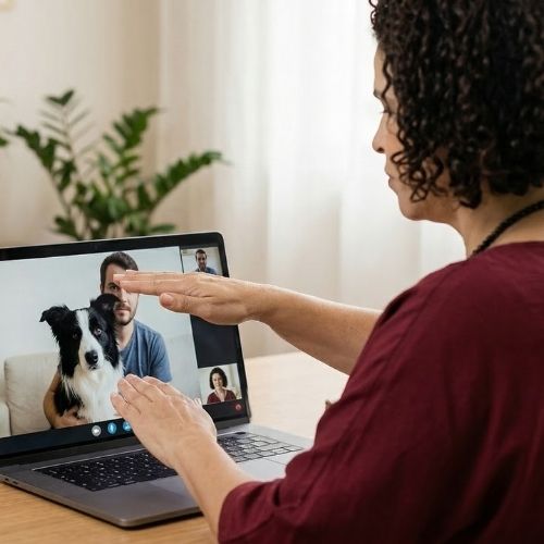 A terapeuta Márcia Hope, de costas para a câmera, usa blusa vinho e colar de contas pretas, com as mãos erguidas em gesto expressivo durante um atendimento online. À sua frente, no notebook, aparece um homem de pele clara com barba e cabelos castanho-claros, segurando um cachorro grande; há também uma janela menor com outro homem e uma pequena imagem da própria terapeuta.