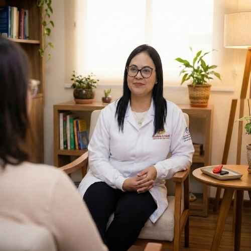 A terapeuta Marileia Arakaki, de pele clara e óculos, possui longos cabelos pretos e veste um jaleco branco com a logo bordada à esquerda, na altura do peito. Ela usa calça preta, batom cor de boca e sorri com as mãos entrelaçadas, sentada em uma poltrona cinza estofada. À sua frente, de costas para a câmera, está uma mulher de pele clara e óculos, vestindo blusa bege e com cabelos castanhos escuros na altura dos ombros, também sentada em uma poltrona cinza.