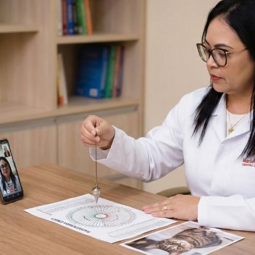 A terapeuta Marileia Arakaki é uma mulher de pele clara, com cabelos longos e pretos. Ela usa óculos e batom rosa. Está vestindo um jaleco branco sobre uma camiseta branca e uma corrente dourada no pescoço. Usa uma aliança na mão esquerda e mantém a mão direita erguida, segurando um pêndulo sobre um mapa de radiestesia. Ao lado do mapa, há uma foto de um gato. À sua frente há um celular e, na tela, aparece uma mulher de pele clara vestindo uma blusa preta.
