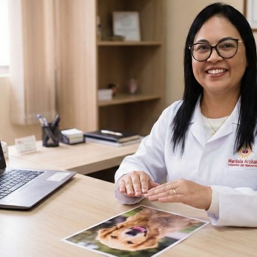 A terapeuta Marileia Arakaki é uma mulher de pele clara, com olhos castanho-escuros e cabelos longos e pretos. Ela usa óculos e batom rosa. Está vestindo um jaleco branco sobre uma camiseta branca e uma corrente dourada no pescoço. Sorri. Usa uma aliança na mão esquerda e mantém as mãos erguidas, posicionadas sobre a foto de um cachorro.