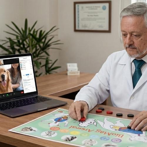 O terapeuta Rui Pêrêira, de pele clara, tem cabelos, barba e bigode grisalhos, aparados curtos. Ele veste jaleco branco de manga comprida sobre camisa branca e gravata azul-petróleo. Em sua mão direita, segura um ímã vermelho e, na mão esquerda, um ímã preto, posicionados sobre um mapa de biomagnetismo para pets que está sobre a mesa, onde há vários ímãs distribuídos. Ao seu lado direito, há um notebook aberto. Na tela, aparece uma mulher de pele clara, com cabelos longos castanho-claros, vestindo blusa cinza, ao lado de um cachorro.