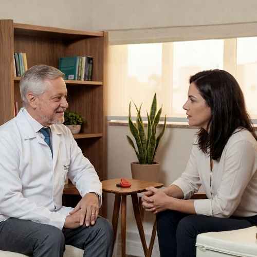 O terapeuta Rui Pêrêira, de pele clara, exibe cabelos, barba e bigode grisalhos e aparados curtos. Ele veste um jaleco branco de manga comprida sobre uma blusa na cor petróleo e calça cinza-escuro. Sentado, ele sorri com uma das mãos sobre a outra. À sua frente, está uma mulher de pele clara, longos cabelos pretos e batom marrom. Ela veste blusa bege-clara, calça preta e mantém as mãos entrelaçadas enquanto está sentada.