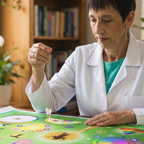 A terapeuta Selma Brandespin tem pele clara e cabelos curtos, escuros, cortados bem rente à cabeça, com franja curta. Seus olhos são azul-claros. Usa batom vermelho e brincos pequenos e delicados, de cor escura, com leve brilho. Usa aliança no dedo anelar da mão esquerda. Veste jaleco branco e, por baixo, uma blusa verde. Está com o cotovelo direito apoiado sobre a mesa, enquanto a mão segura um pêndulo direcionado a um mapa de radiestesia que está sobre a mesa.