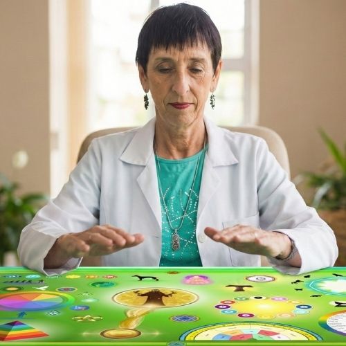 A terapeuta Selma Brandespin tem pele clara e cabelos curtos, escuros, cortados bem rente à cabeça, com franja curta. Seus olhos são azul-claros. Usa batom vermelho e brincos pequenos e delicados, de cor escura, com leve brilho. Veste jaleco branco e, por baixo, uma blusa verde. Está com as mãos estendidas em direção a um mapa sobre a mesa.