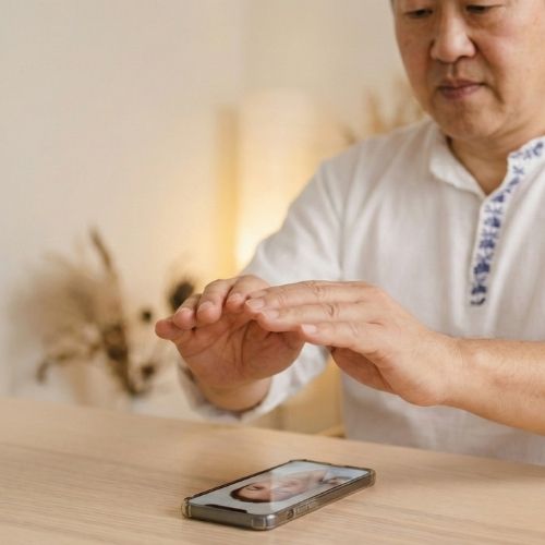 O terapeuta Yudi, de pele clara e descendência japonesa, está com as mãos estendidas sobre um celular. Na tela do aparelho aparece a imagem de uma mulher de pele clara, com cabelos castanho-escuros.