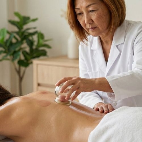 A terapeuta Suely do Studio Zen Liberdade, de aparência asiática, com cabelos curtos, ruivos com luzes, lisos e na altura do queixo, usa jaleco branco. Ela está concentrada e observa as costas de uma mulher de pele branca, deitada de bruços em uma maca, com o corpo parcialmente coberto por uma toalha branca. A terapeuta segura um copo de vidro transparente aplicado sobre as costas da cliente, realizando ventosaterapia. Na pele, aparecem marcas circulares avermelhadas deixadas pelos copos.