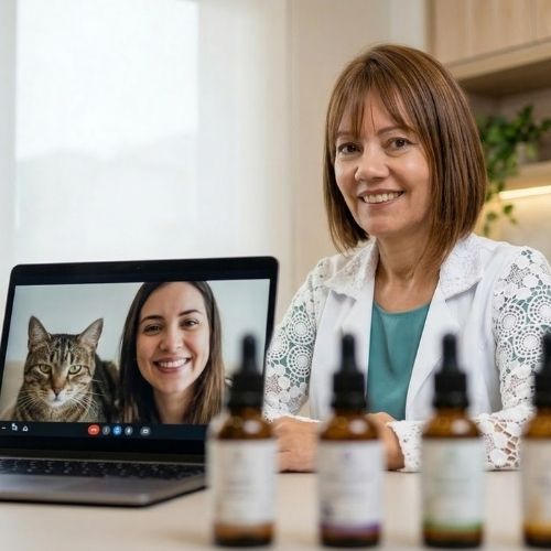 A terapeuta Tânia Felix, com cabelos castanho-claros na altura dos ombros, usa jaleco branco sobre uma blusa verde e batom marrom suave. Ela sorri. À sua frente, há um notebook aberto, voltado para a câmera. Na tela, aparece uma mulher de pele clara, com cabelos castanho-escuros longos e batom marrom. Ao seu lado direito, há um gato. Sobre a mesa, há vários frascos de florais.