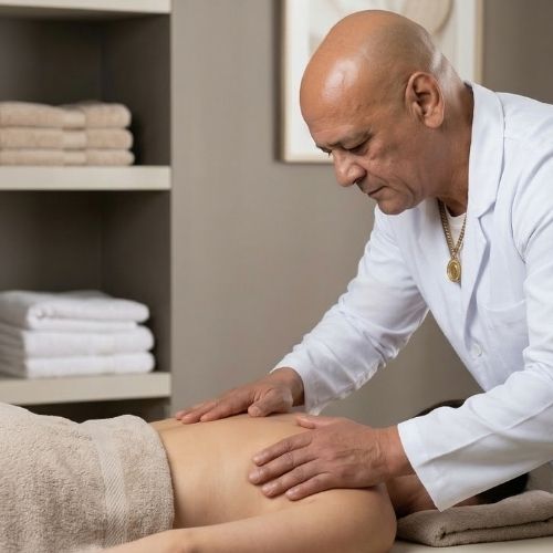 O terapeuta Carlos Maiolino, de pele morena clara e careca, veste um jaleco branco e usa uma corrente dourada com pingente. Ele posiciona as mãos sobre a região torácica de uma mulher deitada de bruços, de pele clara e cabelos castanhos escuros, que está coberta por um tecido atoalhado acima da cintura.