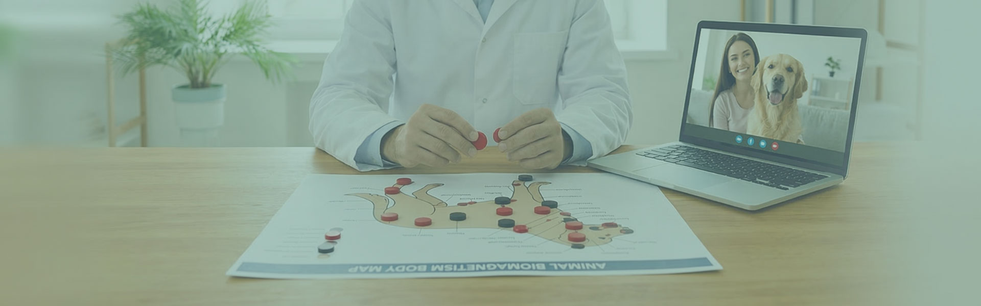 Terapeuta, vestindo jaleco branco e uma camisa azul clara por baixo, segura em suas mãos ímãs vermelhos. Sobre a mesa, há um mapa de um cachorro com vários ímãs posicionados, nas cores preta e vermelha. À sua esquerda, há um notebook aberto. Na tela, aparece uma mulher de pele clara, com cabelos castanhos escuros e longos, sorrindo e vestindo uma blusa rosa. Ao lado dela, há um cachorro de porte grande.