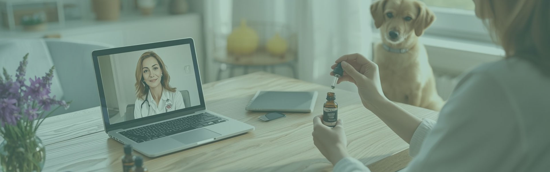 Terapeuta está sentada à mesa, de lado para a câmera, segurando um frasco com conta-gotas, como se fosse um óleo ou essência. À sua frente, há um notebook aberto exibindo uma mulher sorridente, vestida como profissional de saúde, em uma videochamada. Sobre a mesa, também há um celular e outros pequenos frascos. Ao fundo, um cachorro de pelagem clara observa a cena. O ambiente é iluminado, organizado e transmite tranquilidade.