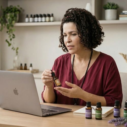 A terapeuta Márcia Hope, de pele clara, tem cabelos curtos, ondulados e castanho-escuros, presos na frente por uma tiara de pano, quase totalmente coberta pelos fios. Seus olhos são castanho-escuros. Veste uma blusa na cor vinho, usa colar de contas pretas e batom rosa. Segura em suas mãos um frasco. À sua frente, há um notebook aberto e, sobre a mesa, vários frascos de aromaterapia e um ramo de lavanda.