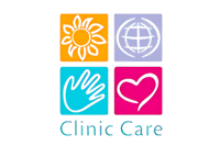 Logotipo da “Clinic Care” com quatro quadrados coloridos (laranja, roxo, turquesa e magenta), cada um com um símbolo branco (sol, globo, mão e coração). Abaixo, o nome da marca em turquesa.