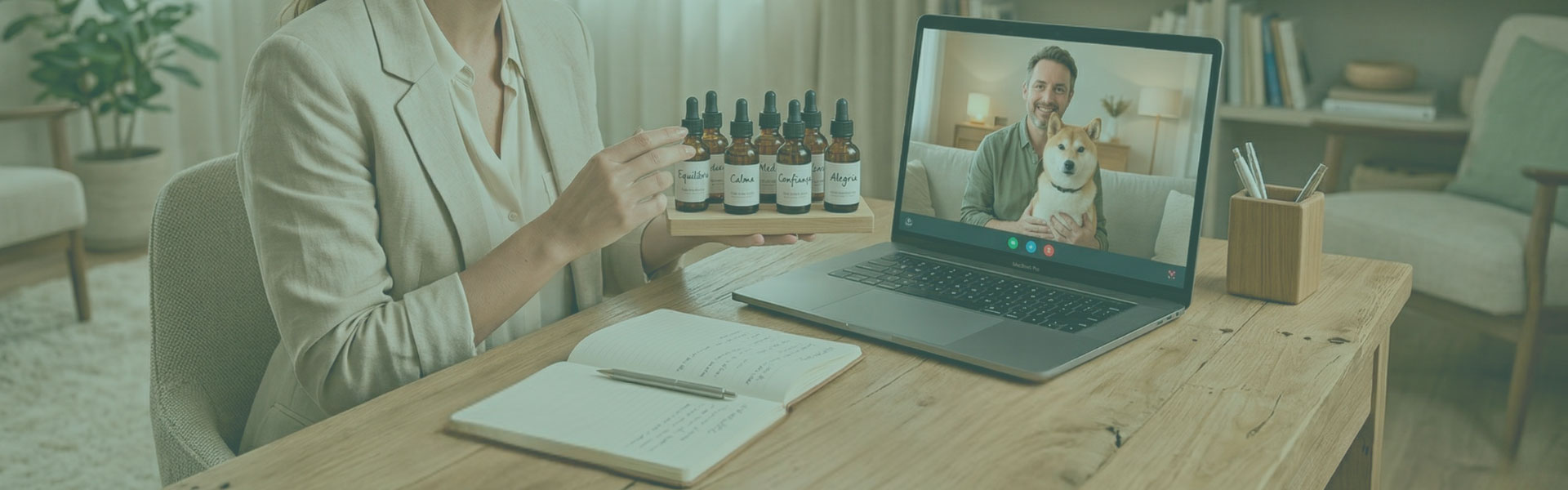 Terapeuta sentada com a mão esquerda apoiada em um suporte com frascos, ao lado de um notebook. Um homem de pele clara, com barba grisalha e blusa verde, segura um cachorro de porte grande. Sobre a mesa há uma agenda aberta, uma caneta e um porta-lápis.